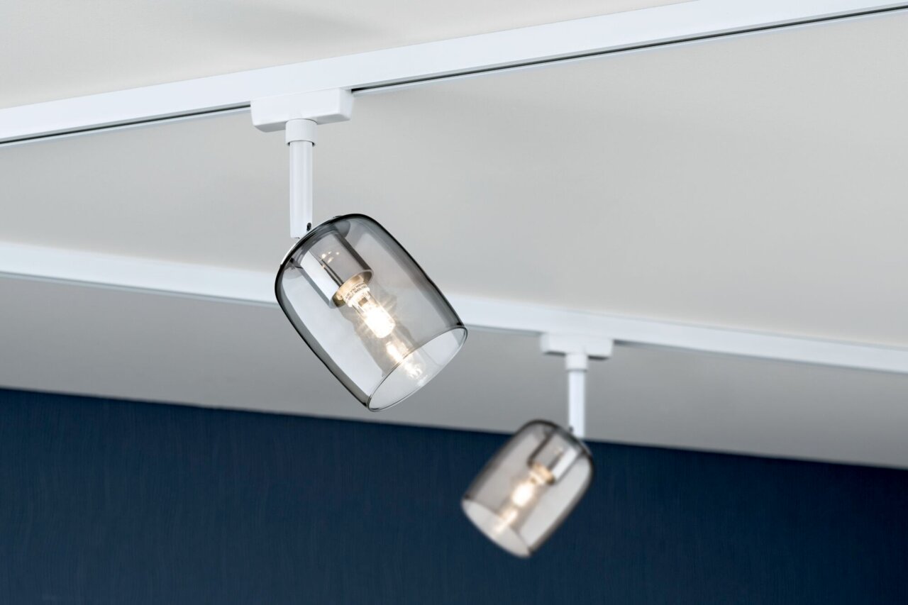 Schienenspot Blossom mit modernem, transparentem Glasschirm, seitliche Perspektive