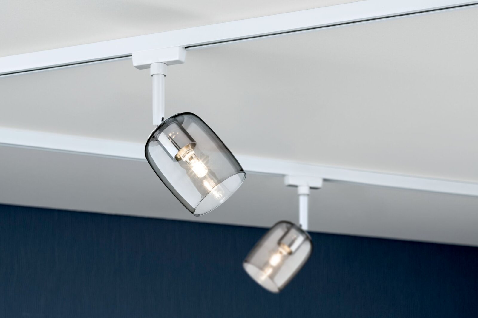 Schienenspot Blossom mit modernem, transparentem Glasschirm, seitliche Perspektive