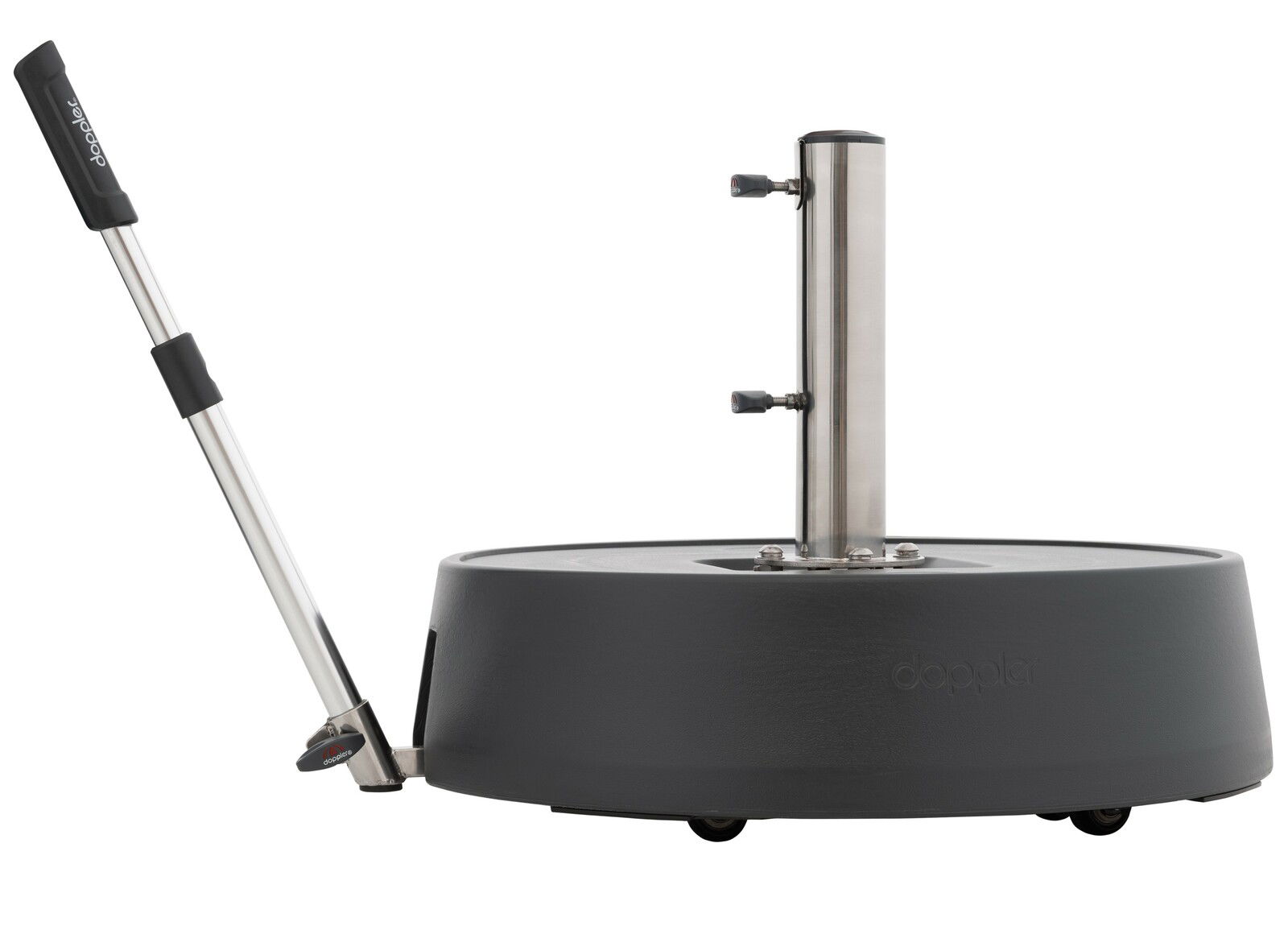 Rollsockel Easy Move Switch mit Griff und Rollen, seitliche Perspektive