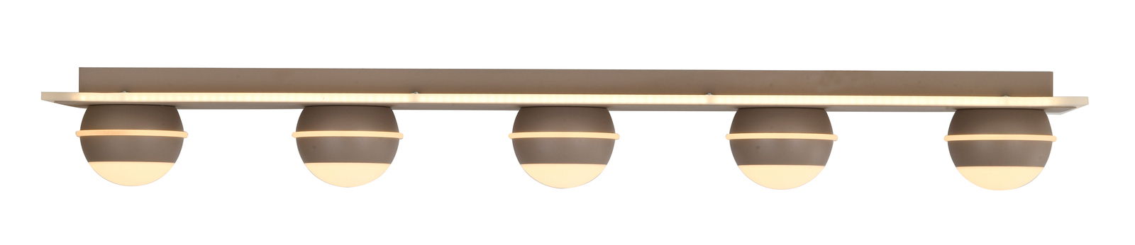 Moderne LED-Deckenleuchte mit fünf kugelförmigen Leuchtkörpern, seitliche Perspektive