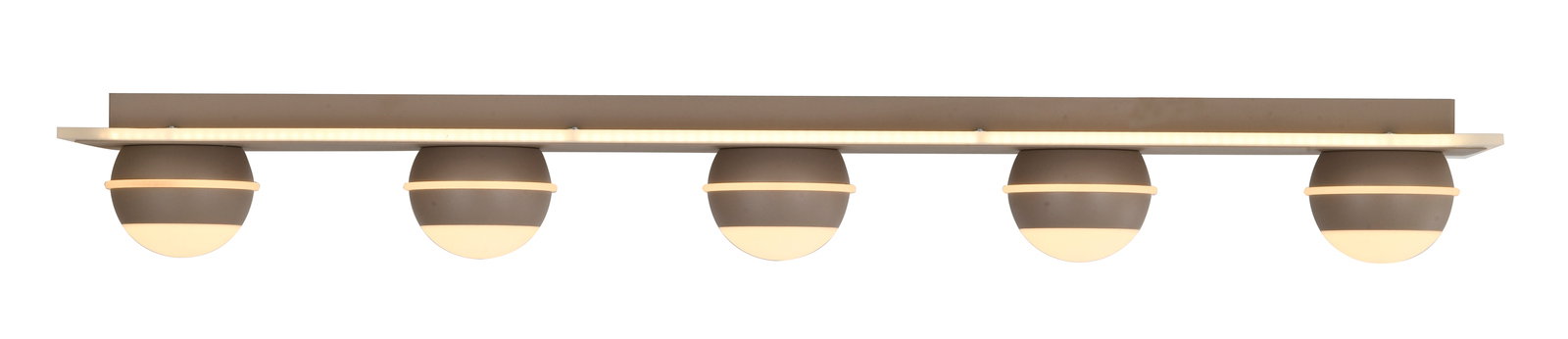 Moderne LED-Deckenleuchte mit fünf kugelförmigen Leuchtkörpern, seitliche Perspektive