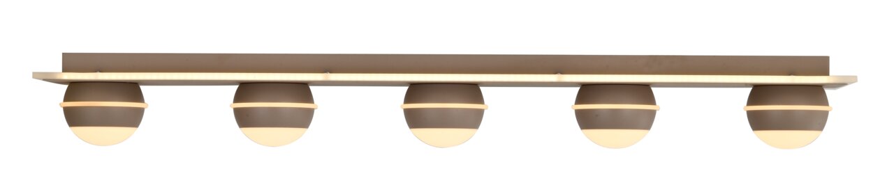 Moderne led-plafondlamp met vijf bolvormige lampen, zijaanzicht