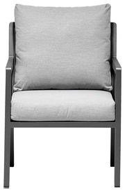 Moderner Gartensessel mit grauen Kissen, Frontalansicht