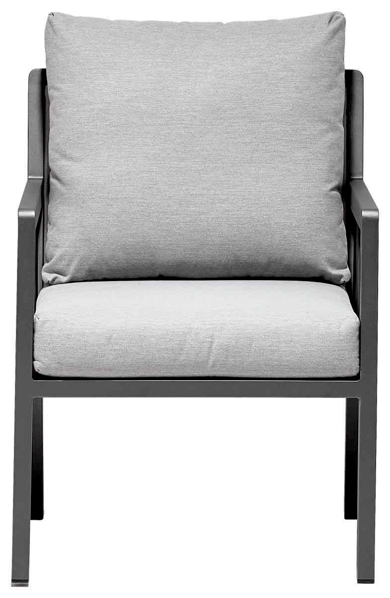 Moderner Gartensessel mit grauen Kissen, Frontalansicht