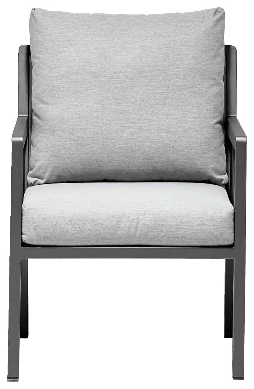 Moderner Gartensessel mit grauen Kissen, Frontalansicht