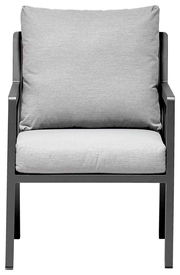 Moderner Gartensessel mit grauen Kissen, Frontalansicht