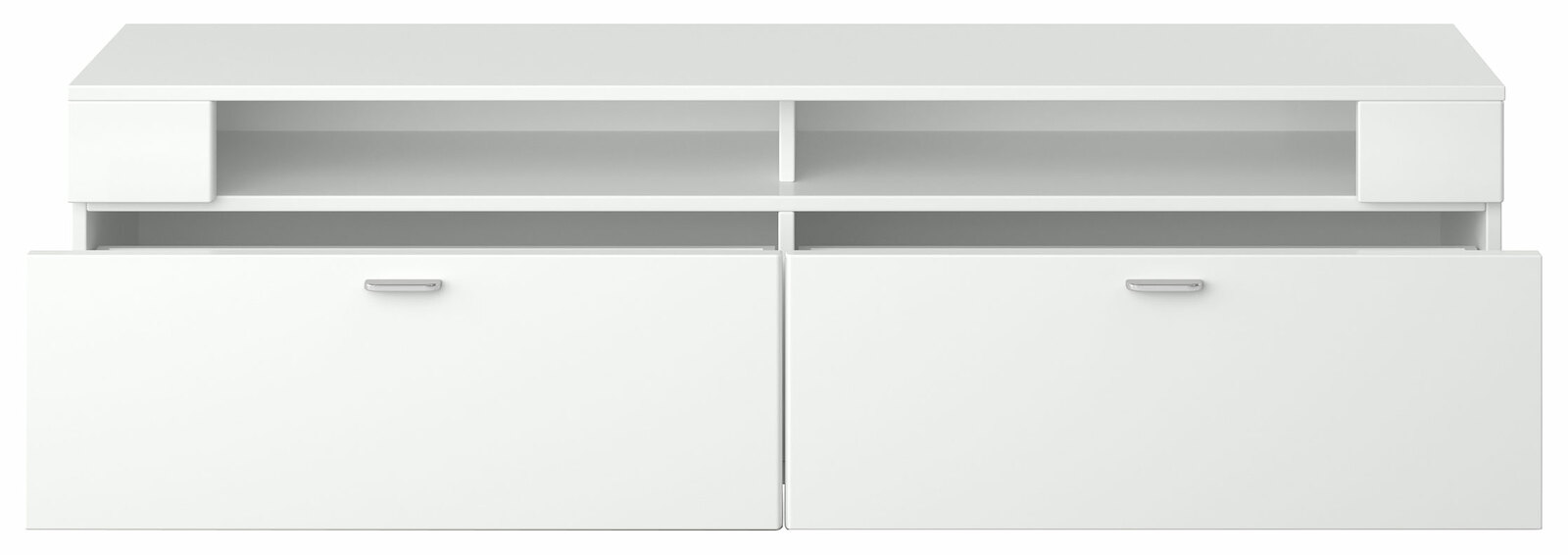 Weißes TV-Lowboard mit zwei großen Schubladen und offenen Fächern, frontale Ansicht