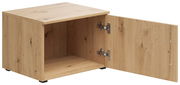 Holzfarbener Aufsatzschrank mit geöffneter Tür, seitliche Perspektive
