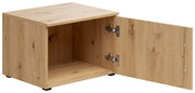 Holzfarbener Aufsatzschrank mit geöffneter Tür, seitliche Perspektive