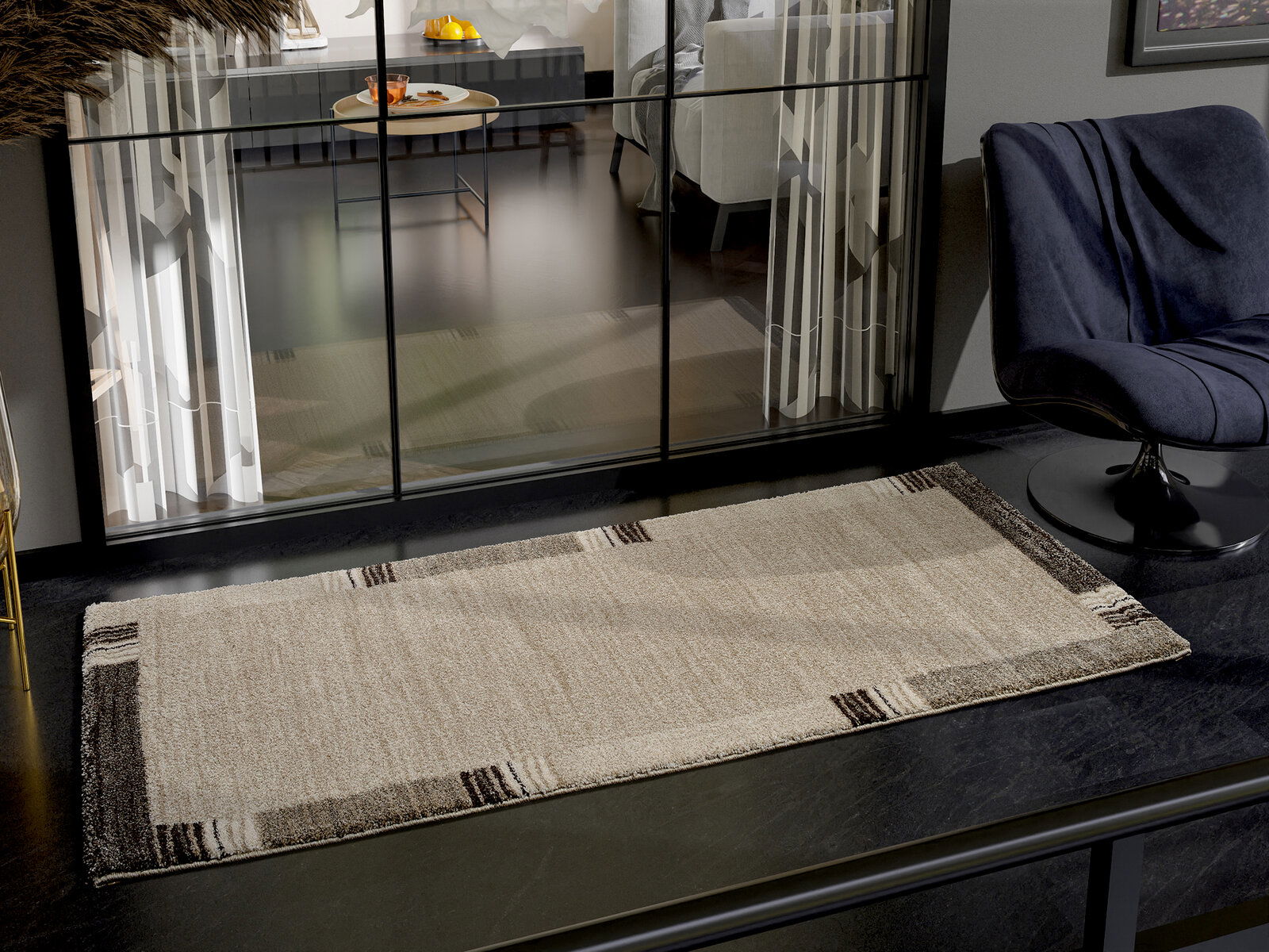 Teppich Castle Flora in einem modernen Wohnzimmer, beige mit braunen Akzenten, aus der Vogelperspektive betrachtet.