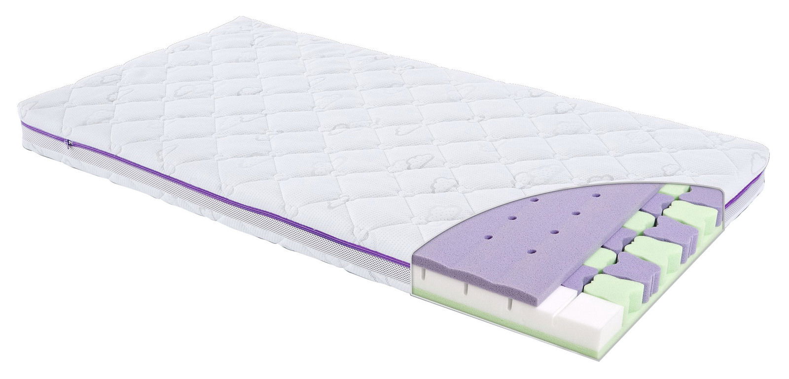 Matratze 60x120 mit sichtbarem Schichtaufbau, seitliche Perspektive