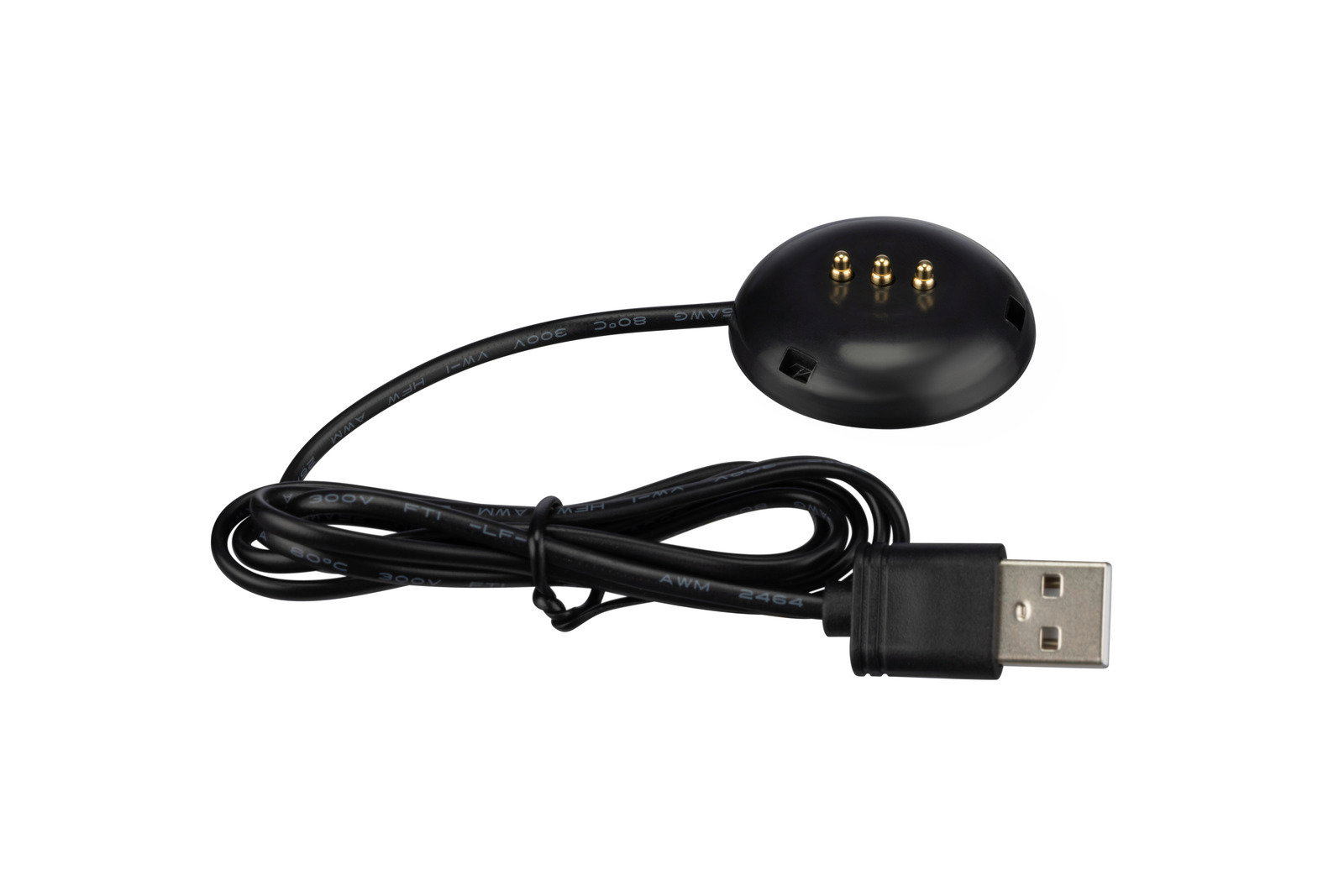 Schwarzes USB-Ladekabel mit rundem Ladeadapter, Ansicht von oben