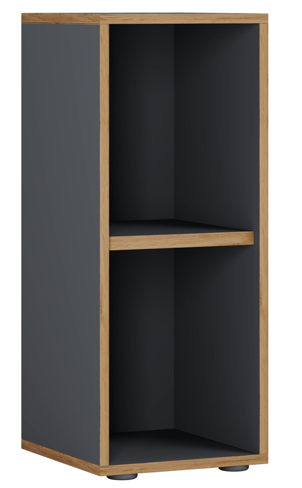 VCM Büroregal SALIA Hoher offener Schrank mit schwarzem Korpus und Holzrahmen, einem Einlegeboden und Sockelfüßen, in Frontansicht leicht schräg von links.