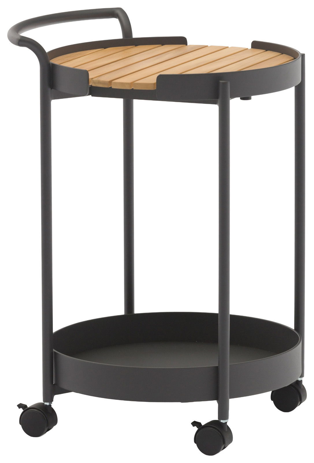 Zebra Beistelltisch TROLLEY Moderner Beistelltisch mit zwei Ebenen, schwarzem Metallrahmen und Holzplatte, auf Rollen, seitliche Perspektive