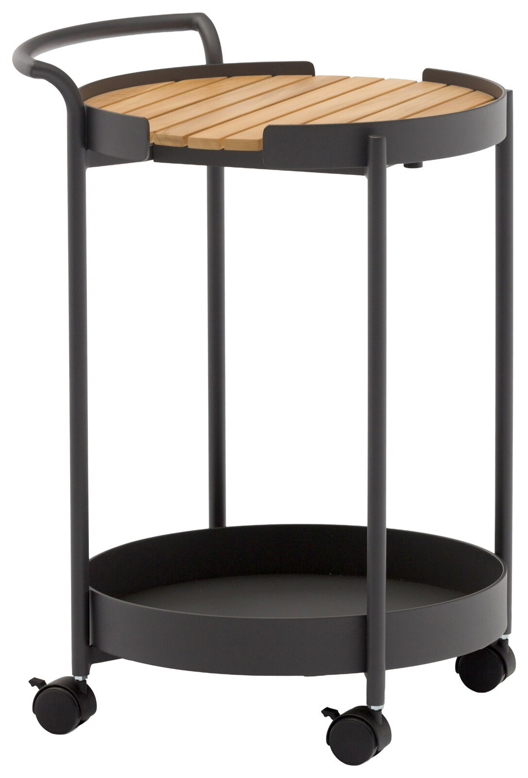 Moderner Beistelltisch mit zwei Ebenen, schwarzem Metallrahmen und Holzplatte, auf Rollen, seitliche Perspektive