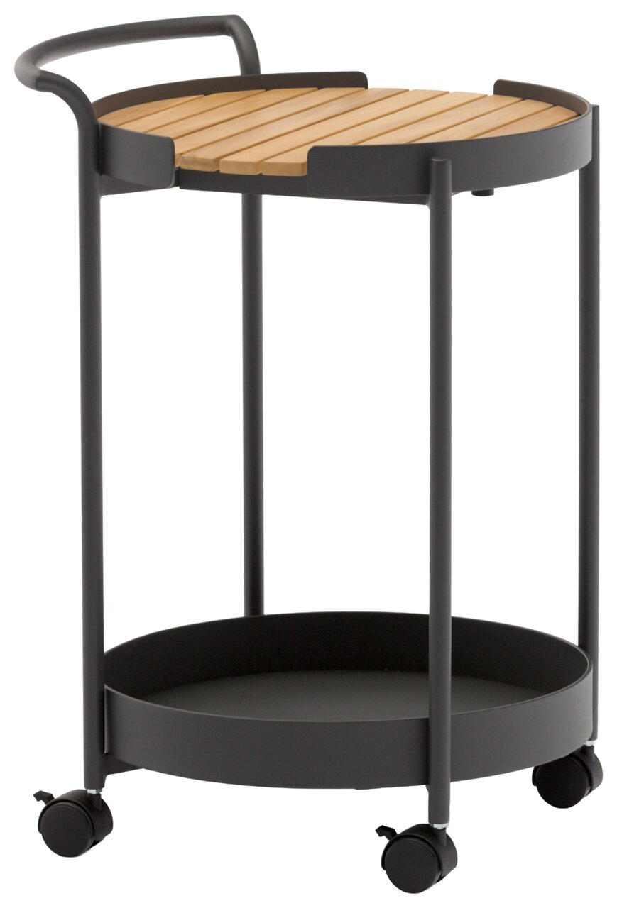 Zebra Beistelltisch TROLLEY Moderner Beistelltisch mit zwei Ebenen, schwarzem Metallrahmen und Holzplatte, auf Rollen, seitliche Perspektive