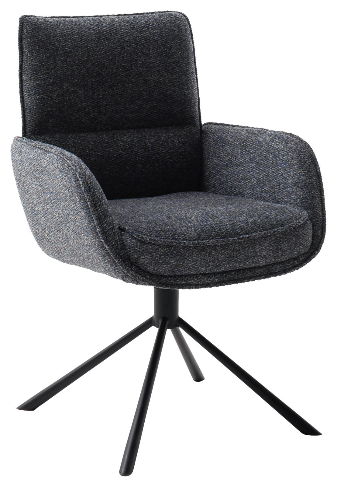 Novel Armlehnstuhl ISABEL Moderner Armlehnstuhl mit dunklem Stoffbezug und schwarzem Metallgestell, seitliche Perspektive