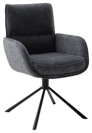 Moderner Armlehnstuhl mit dunklem Stoffbezug und schwarzem Metallgestell, seitliche Perspektive
