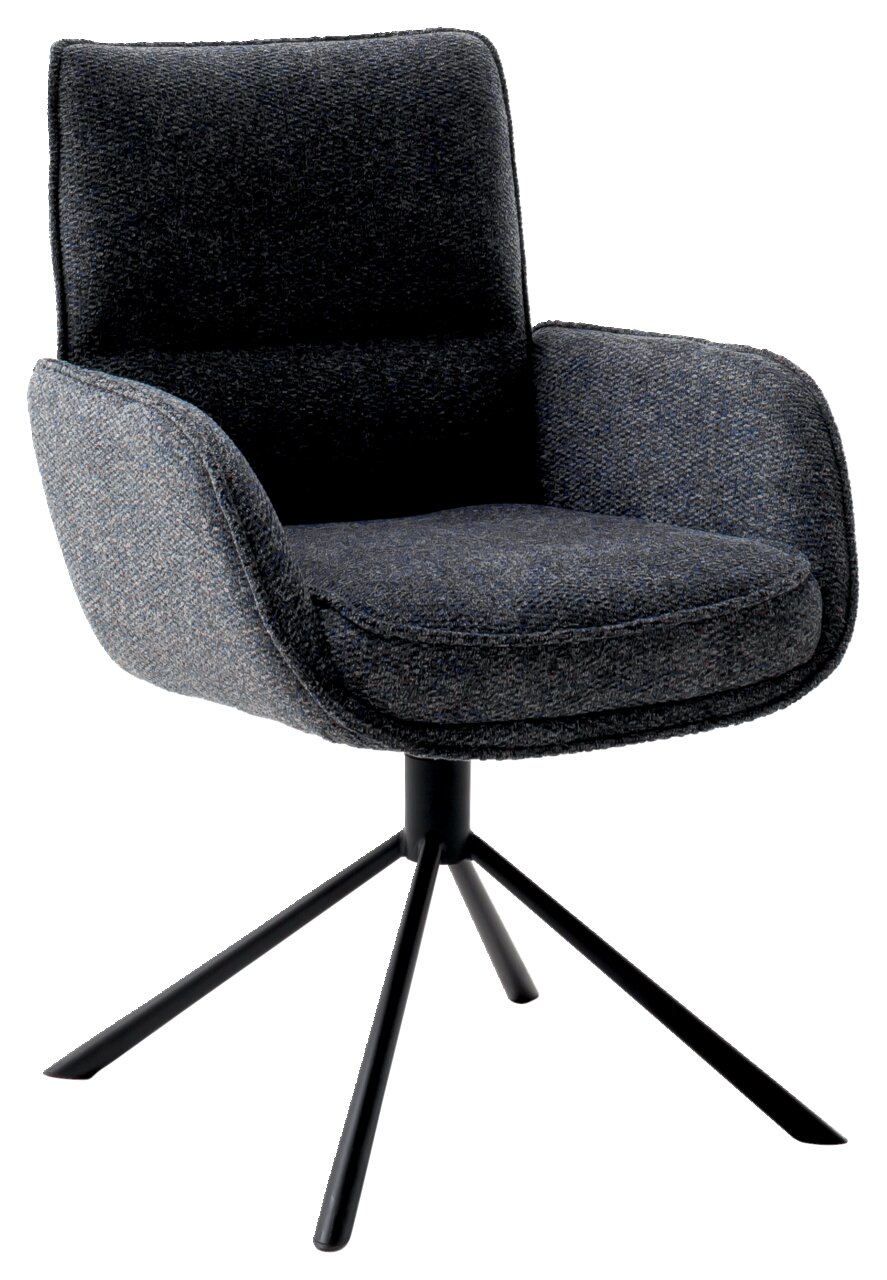 Novel Armlehnstuhl ISABEL Moderner Armlehnstuhl mit dunklem Stoffbezug und schwarzem Metallgestell, seitliche Perspektive