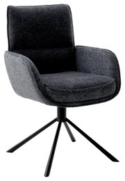 Moderner Armlehnstuhl mit dunklem Stoffbezug und schwarzem Metallgestell, seitliche Perspektive