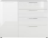 Weiße Kommode mit vier Schubladen und einer Tür, Frontalansicht