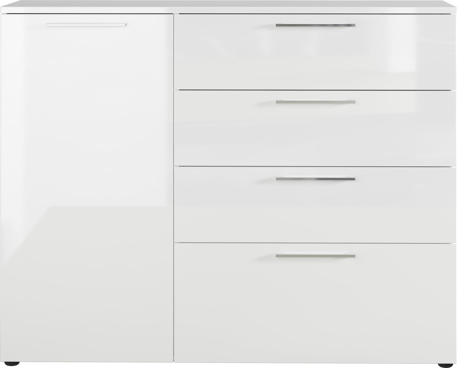 Weiße Kommode mit vier Schubladen und einer Tür, Frontalansicht