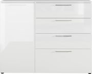 Weiße Kommode mit vier Schubladen und einer Tür, Frontalansicht