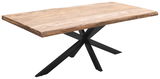 Moderner Esstisch aus Holz mit schwarzem Metallgestell, seitliche Perspektive