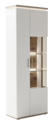 Kombi-Vitrine in Weiß mit Holzdetails und Glaselementen, seitliche Perspektive