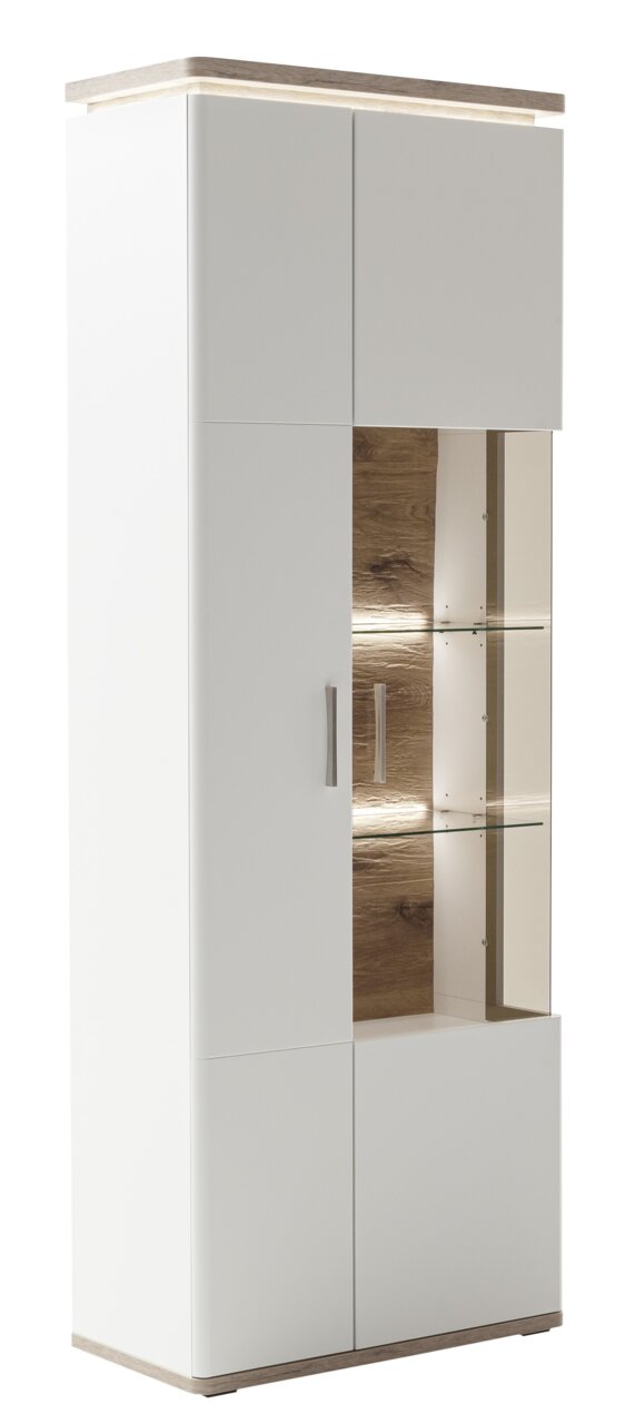 Kombi-Vitrine in Weiß mit Holzdetails und Glaselementen, seitliche Perspektive