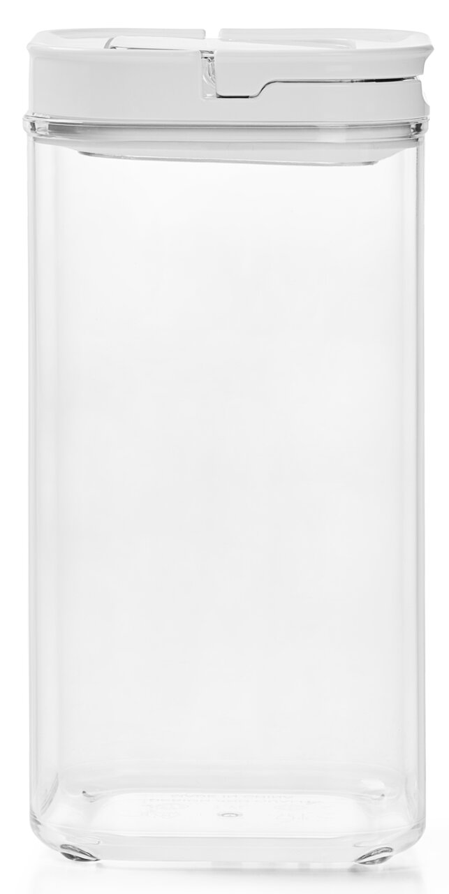 Transparente Vorratsdose mit weißem Deckel, frontal fotografiert.