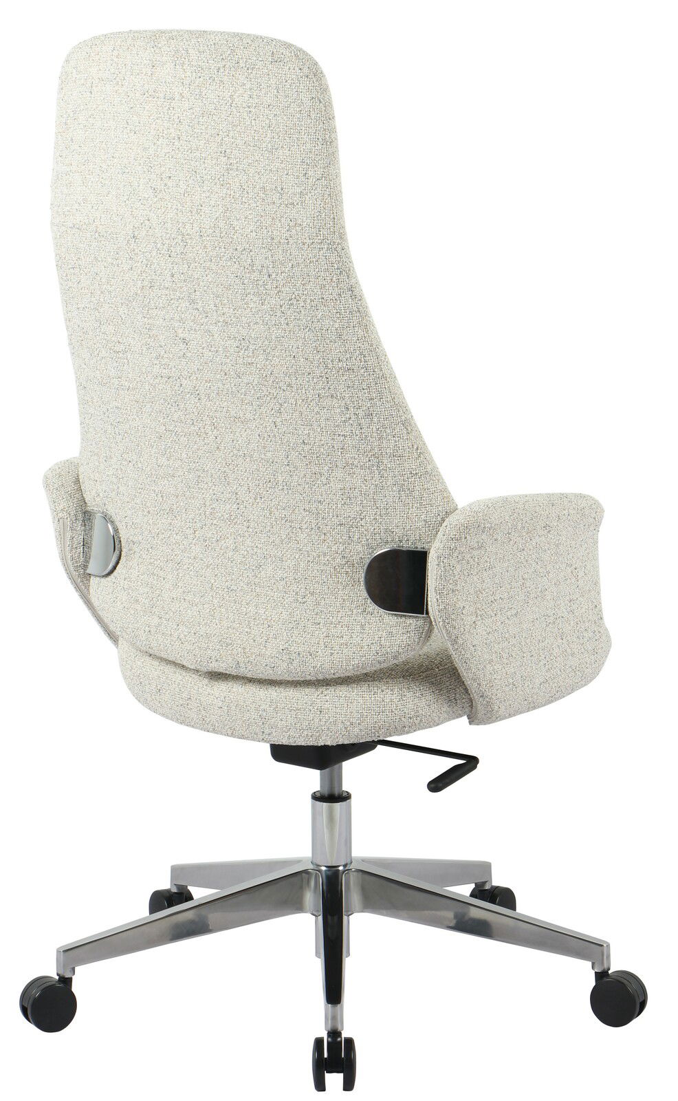 Rückansicht eines Chefsessels mit hellgrauem Stoffbezug und verchromtem Fußkreuz auf Rollen.