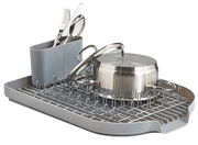 Geschirrabtropfständer mit Besteckhalter und Topf, seitliche Perspektive