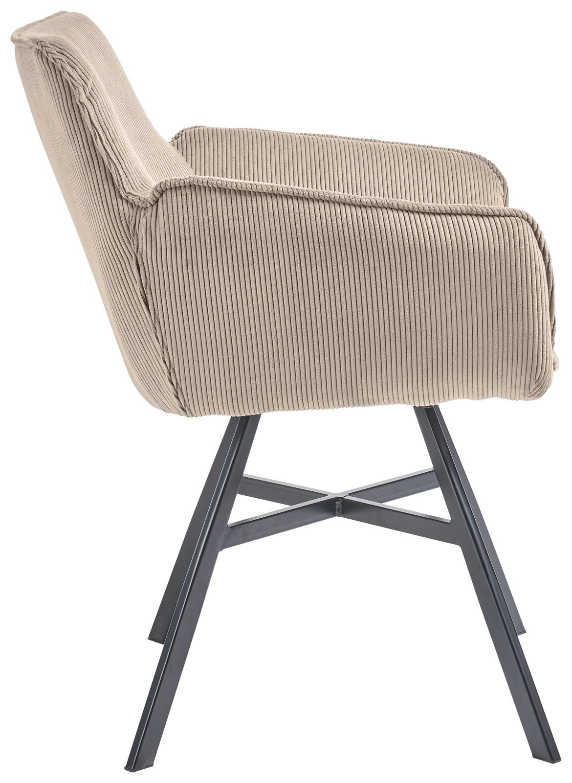 Seitenansicht eines Armlehnstuhls mit beigem, geripptem Stoffbezug und schwarzen Metallbeinen.