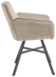 Zijaanzicht van een fauteuil met een beige, geribbelde stoffen bekleding en zwarte metalen poten.