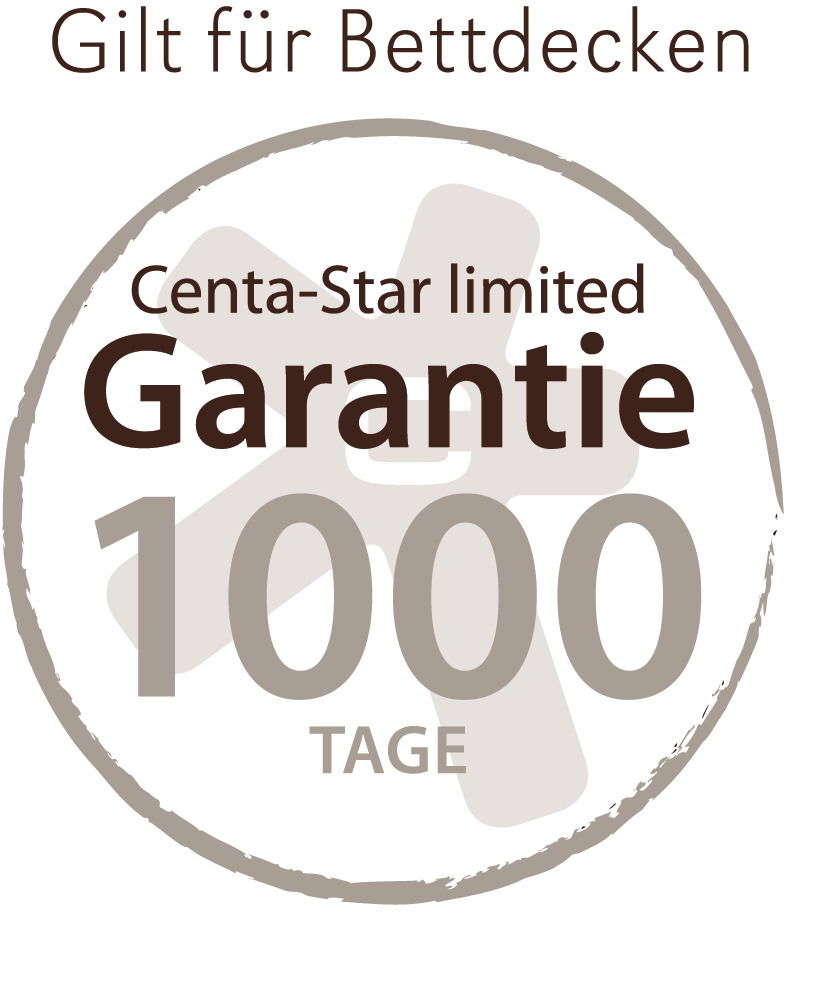 Centa Star Bettdecke VEGAN DREAM Garantiesiegel für Bettdecken mit 1000 Tagen Garantie von Centa-Star, frontal abgebildet.