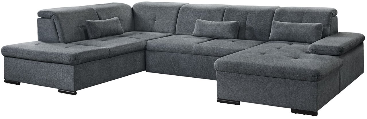 Graues Ecksofa in U-Form mit Kissen, Perspektive von vorne rechts
