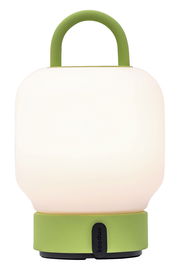 Tragbare Lampe mit grünem Griff und Sockel, frontal betrachtet