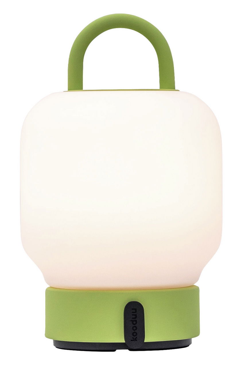 Tragbare Lampe mit grünem Griff und Sockel, frontal betrachtet