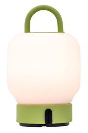 Draagbare lamp met groene handgreep en voet, gezien vanaf de voorkant