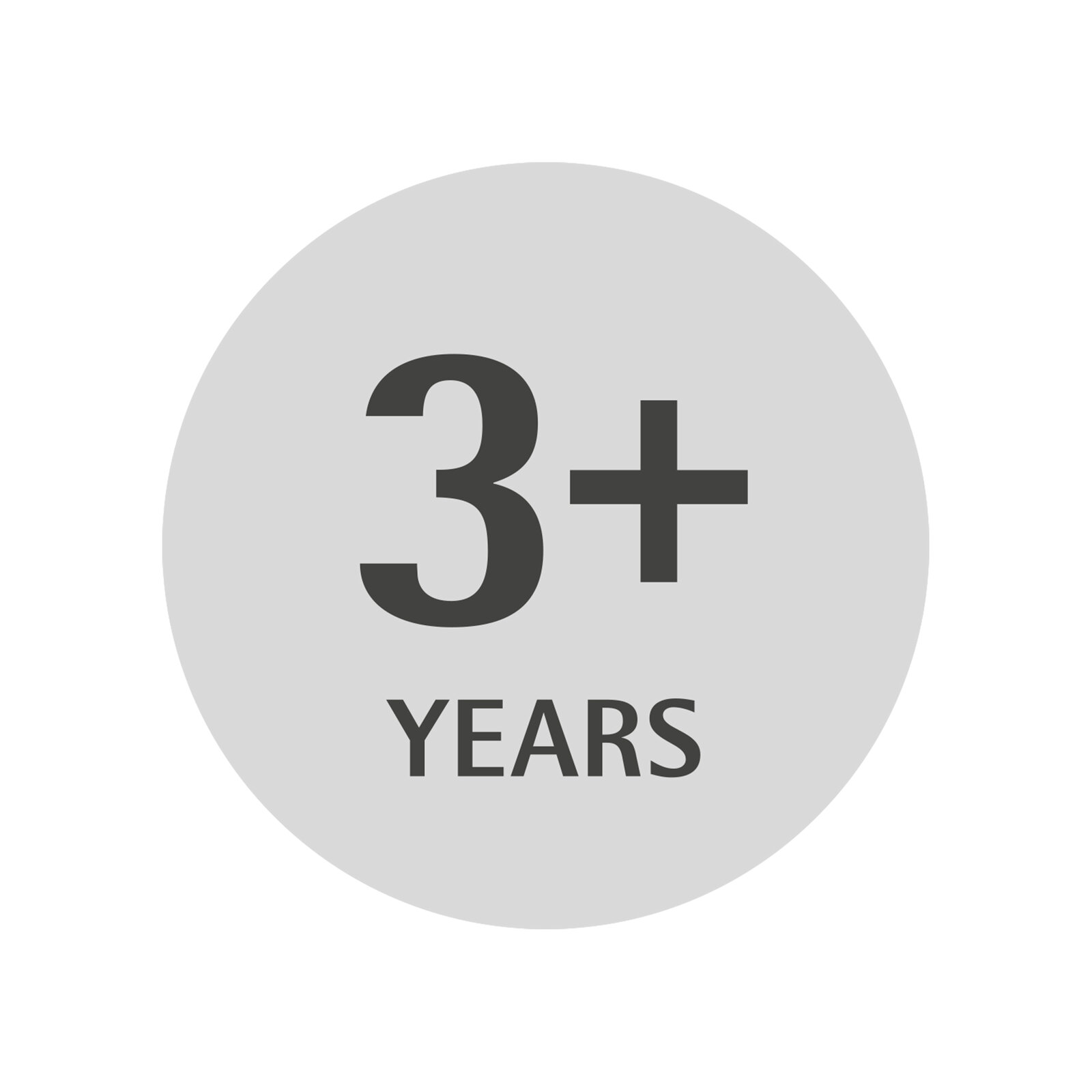 Rond symbool met het opschrift '3+ YEARS', geschikt voor kinderen vanaf 3 jaar, vooraanzicht.