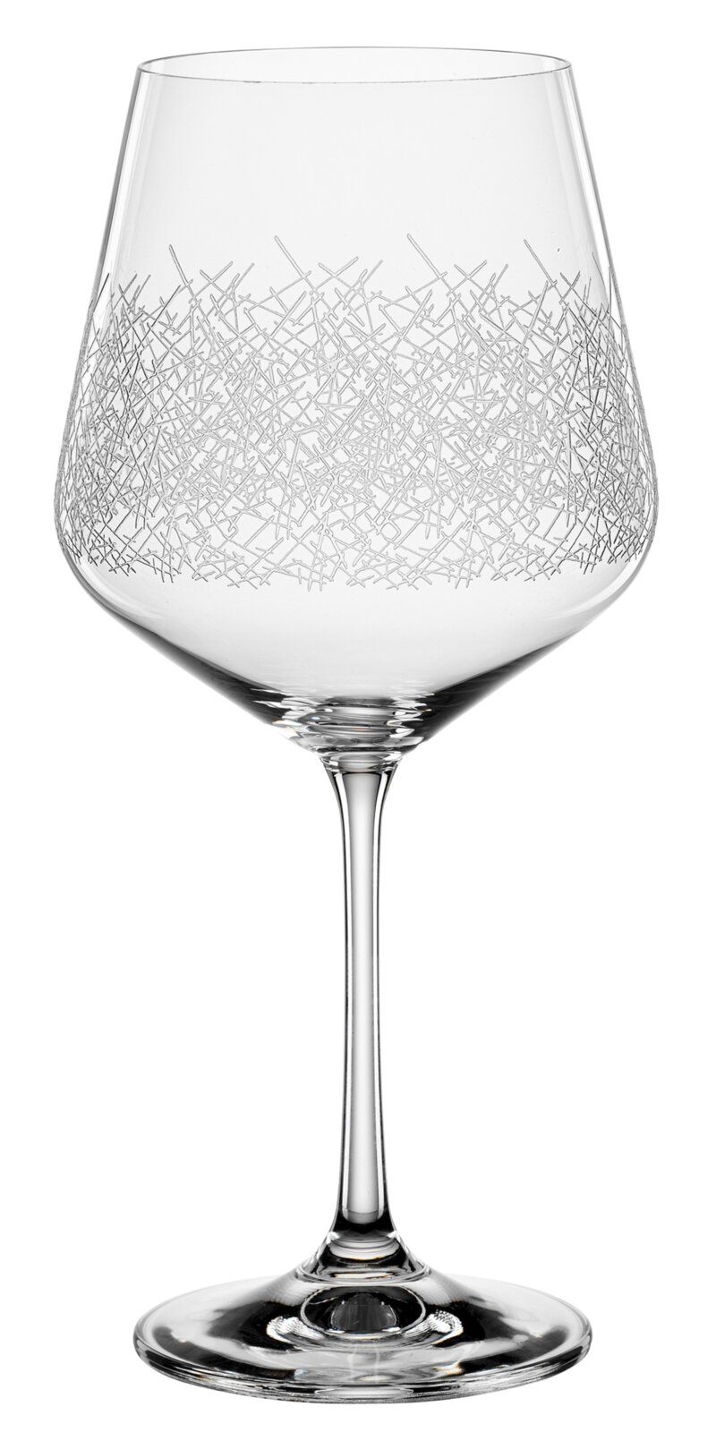 Wijnglas met een fijn, kriskras patroon, zijaanzicht
