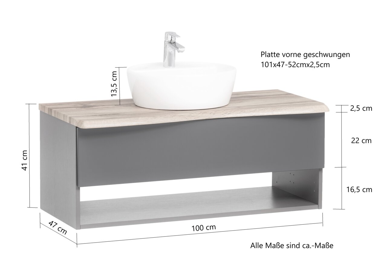 Waschtisch-Set mit geschwungener Platte, grauem Unterschrank und weißem Aufsatzwaschbecken, seitliche Perspektive