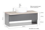 Waschtisch-Set mit geschwungener Platte, grauem Unterschrank und weißem Aufsatzwaschbecken, seitliche Perspektive