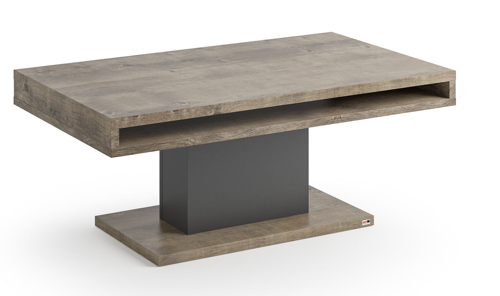 Moderner Couchtisch aus Holz mit rechteckiger Form, zentralem schwarzen Standfuß und offener Ablage, seitliche Perspektive.