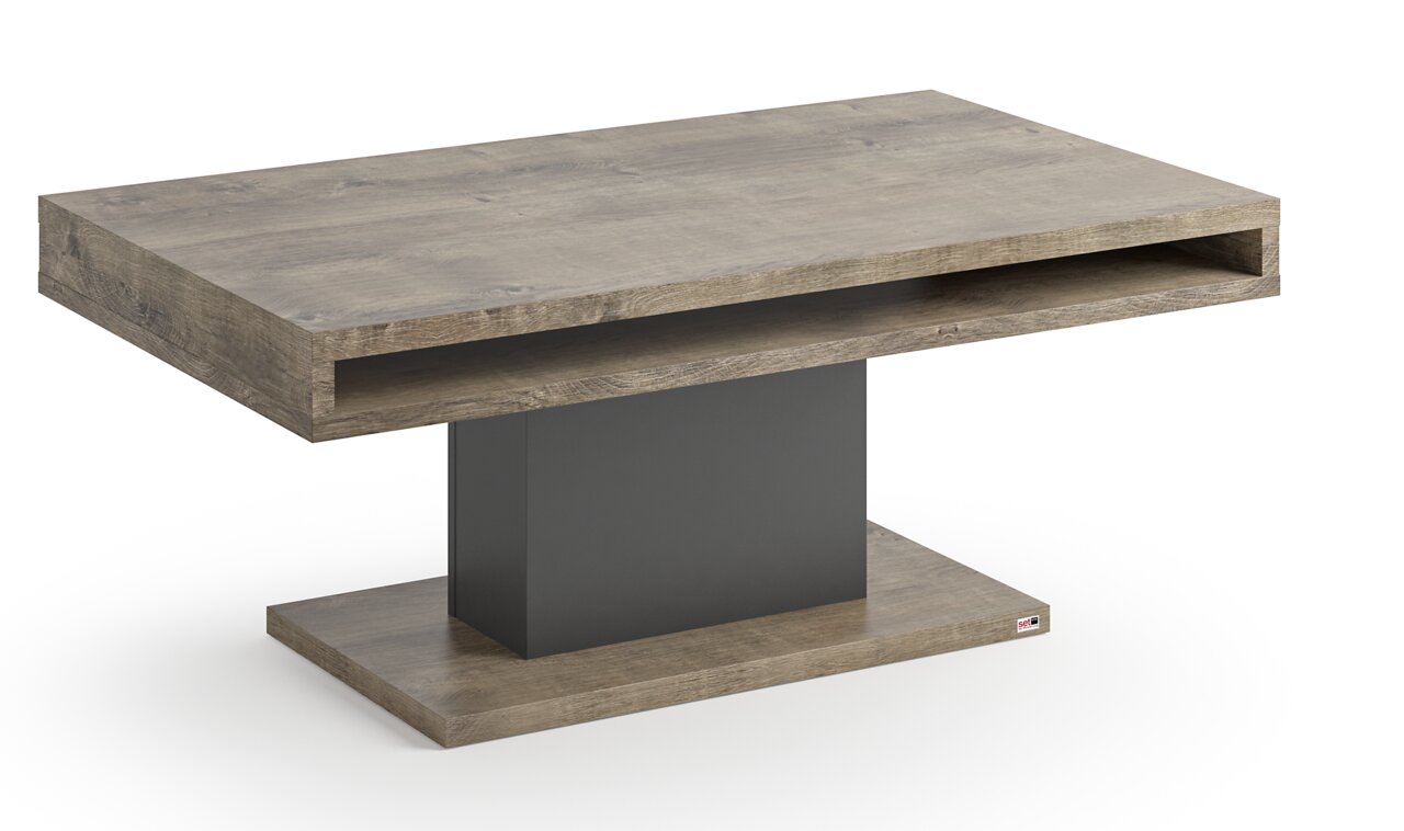 Moderner Couchtisch aus Holz mit rechteckiger Form, zentralem schwarzen Standfuß und offener Ablage, seitliche Perspektive.