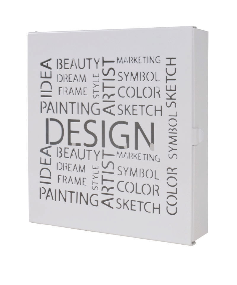 Schlüsselkasten mit modernem Design und Wörtern wie 'Design', 'Beauty' und 'Artist' auf der Vorderseite, seitliche Perspektive
