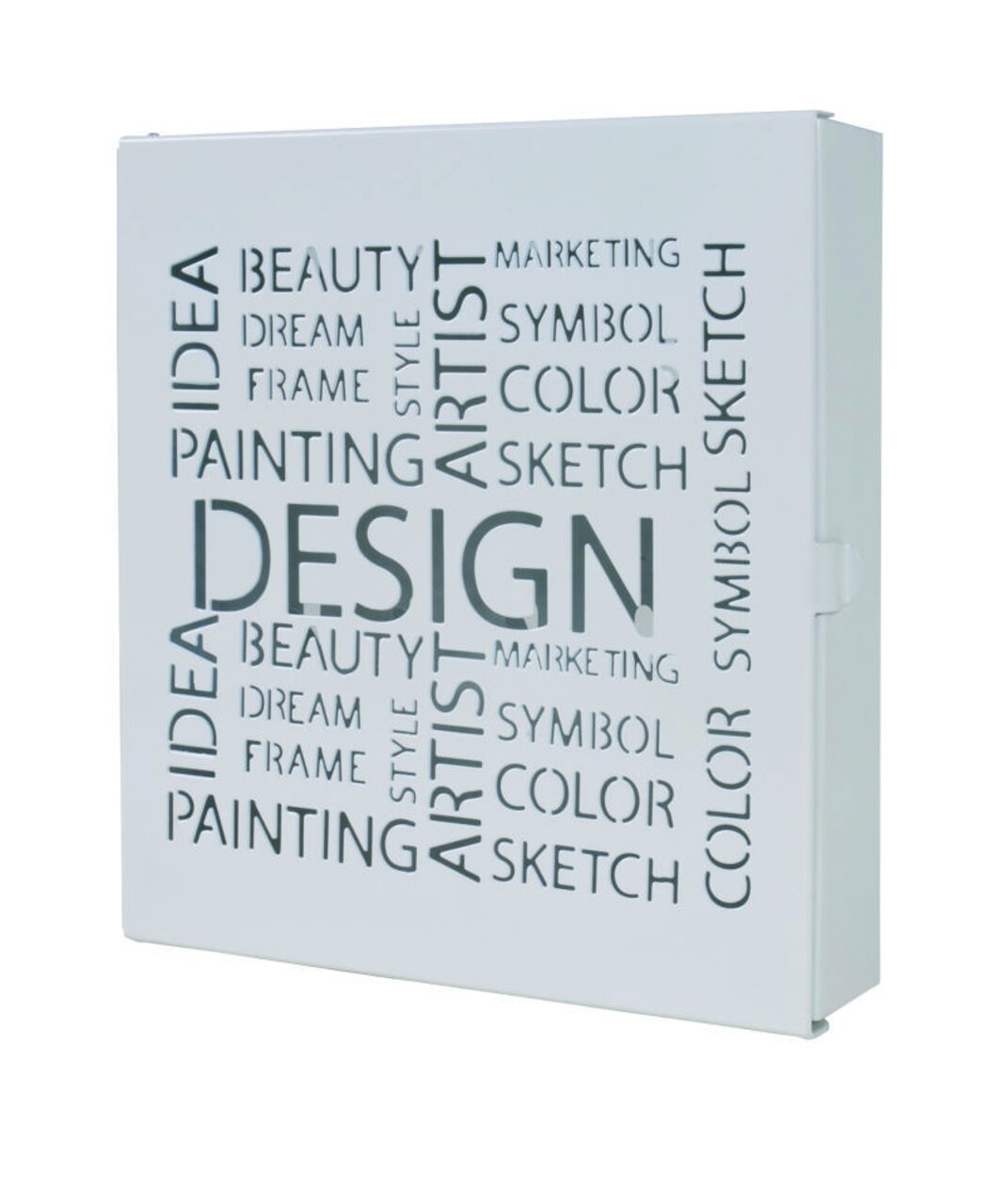 Schlüsselkasten mit modernem Design und Wörtern wie 'Design', 'Beauty' und 'Artist' auf der Vorderseite, seitliche Perspektive