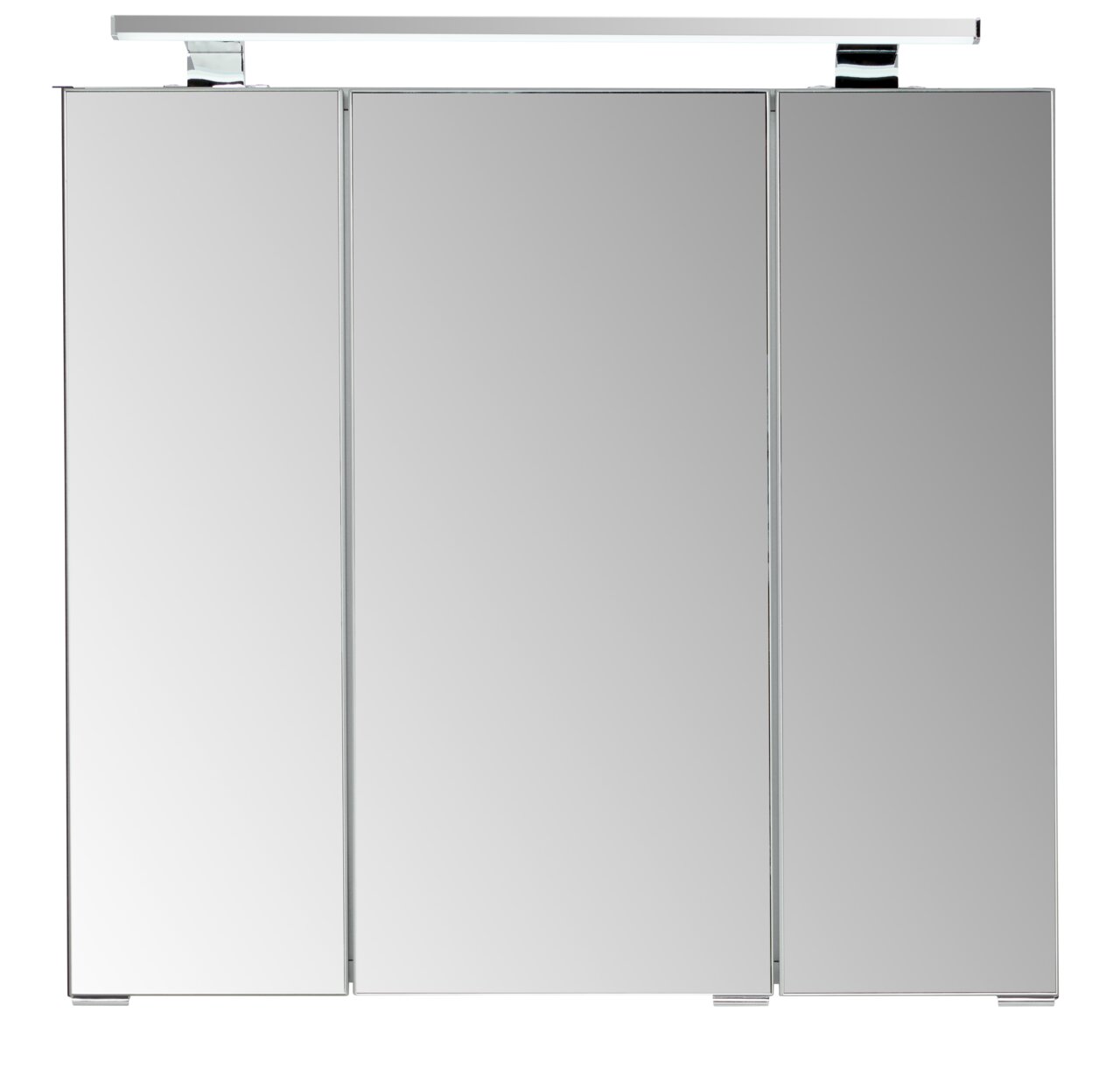 Moderner Spiegelschrank mit drei Türen und integrierter Beleuchtung, Frontalansicht.