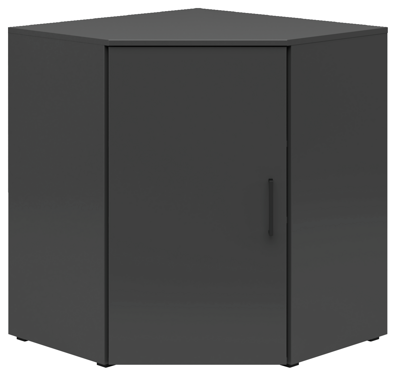 Eckkommode in dunklem Grau, frontal abgebildet mit einer Tür und einem Griff.